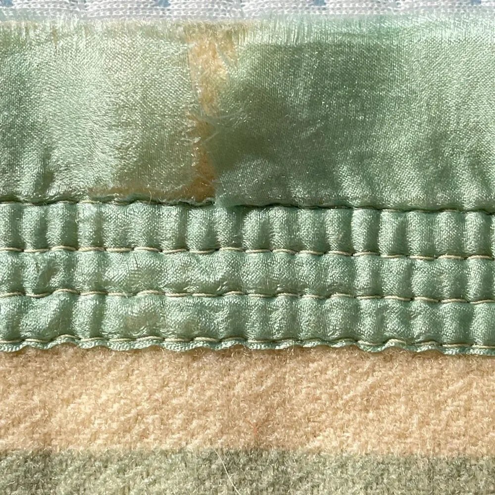 Vintage Light Green & Cream Plaid Wool/Cotton Camp Blanket  - 80